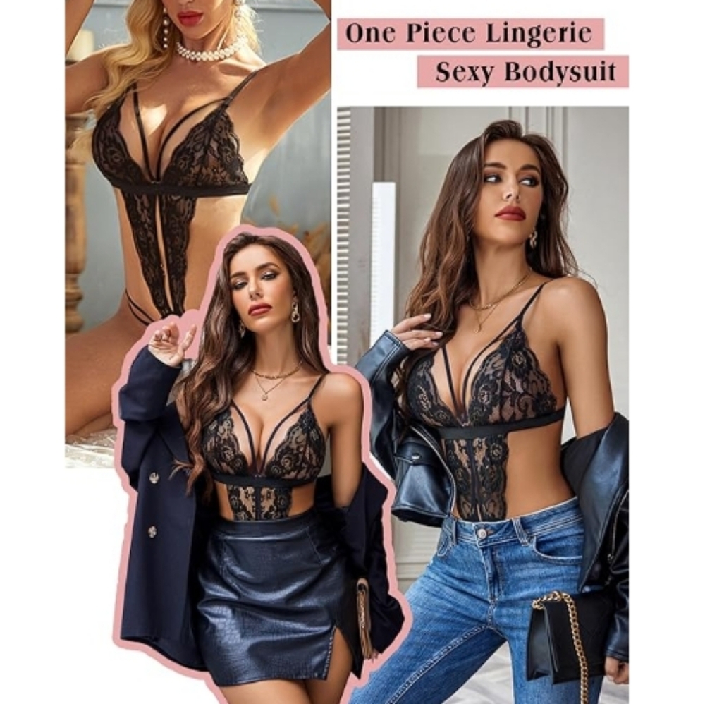 One Piece Lingerie Deep V Lace Bodysuit Babydoll Teddy Nightie - Picture 4 of 6